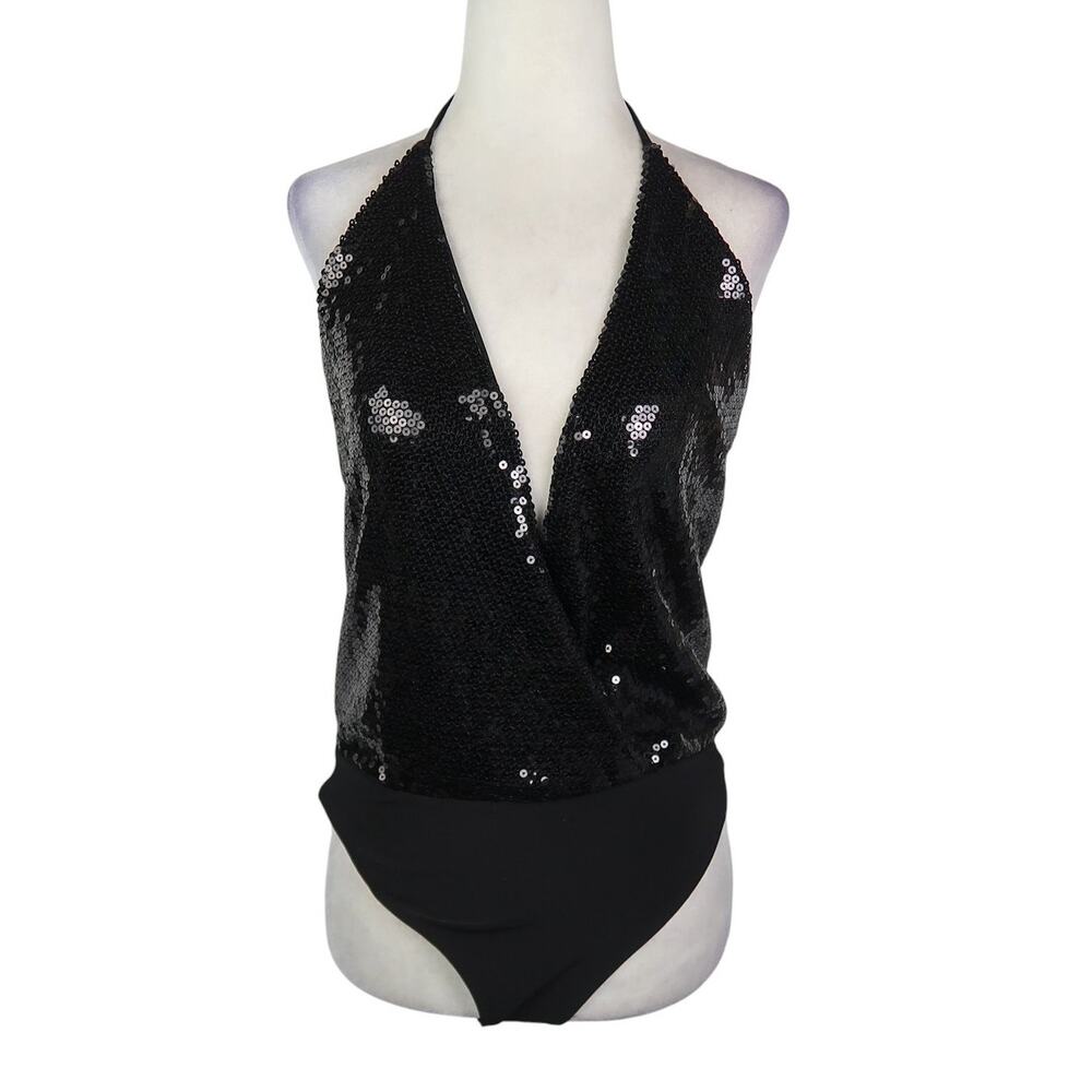 Vintage Y2K Chez Chic Black Sequin Halter Backless Bodysuit Top M